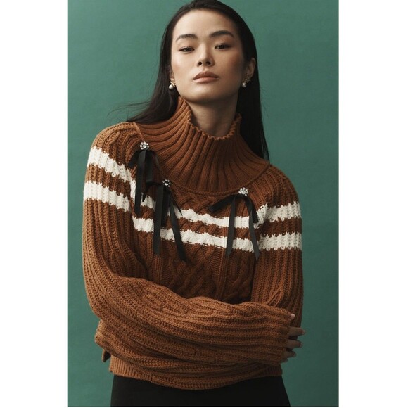 Anthropologie Maeve Turtleneck Balloon-Sleeve Bow Sweater Size Sm Honey NWT - Picture 1 of 9